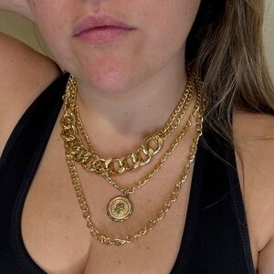 Gold Toned Italian Coin Layered Chain Necklace
